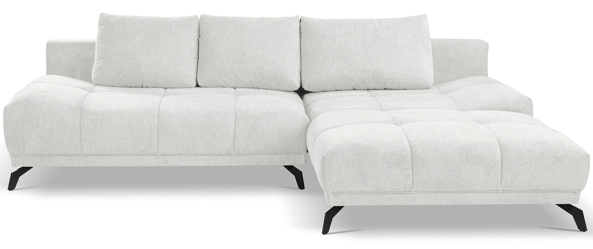 Canapé d'angle droit Felipe avec fonction couchage et coffre de rangement, tissu chenille hydrofuge blanc