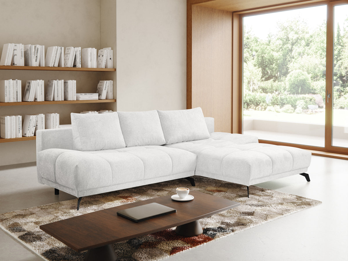 Canapé d'angle droit Felipe avec fonction couchage et coffre de rangement, tissu chenille hydrofuge blanc