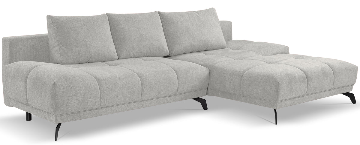 Canapé d'angle droit Felipe avec fonction couchage et coffre, tissu chenille hydrofuge gris clair