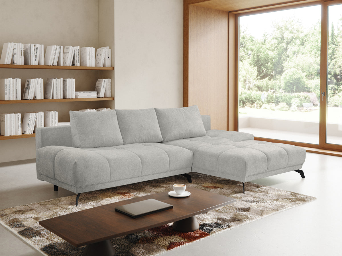 Felipe Ecksofa mit Schlaffunktion, L-Form, rechtsseitig, mit Stauraum, hellgrauer hydrophober Chenillestoff