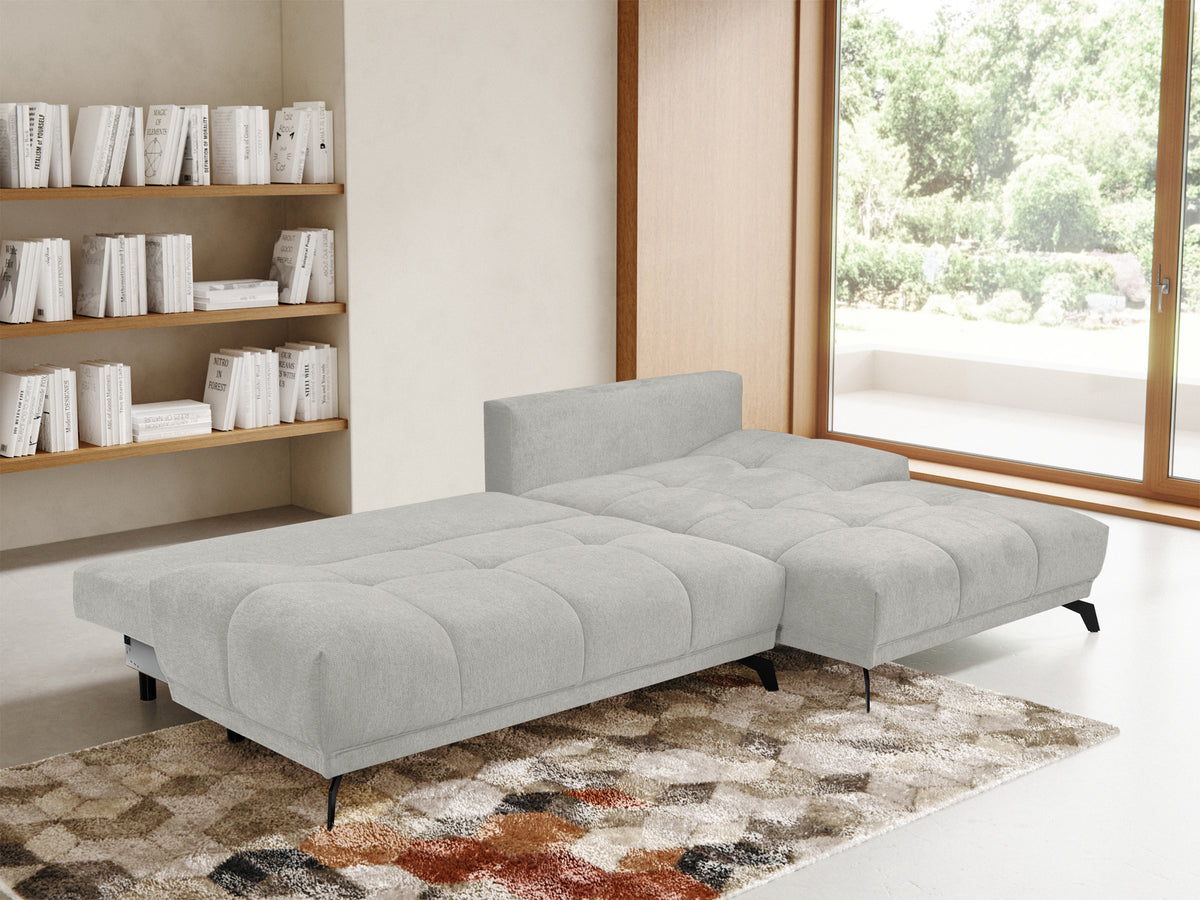 Canapé d'angle droit Felipe avec fonction couchage et coffre, tissu chenille hydrofuge gris clair