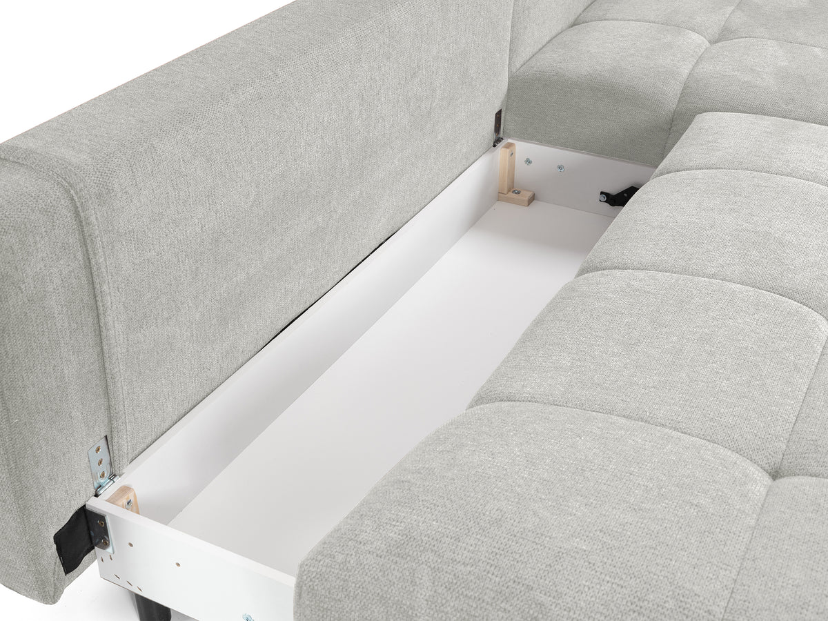 Canapé d'angle droit Felipe avec fonction couchage et coffre, tissu chenille hydrofuge gris clair