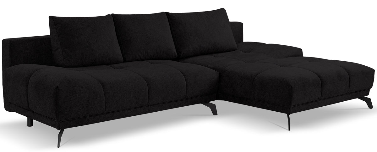 Canapé d'angle droit Felipe avec fonction couchage et coffre, tissu chenille hydrofuge noir