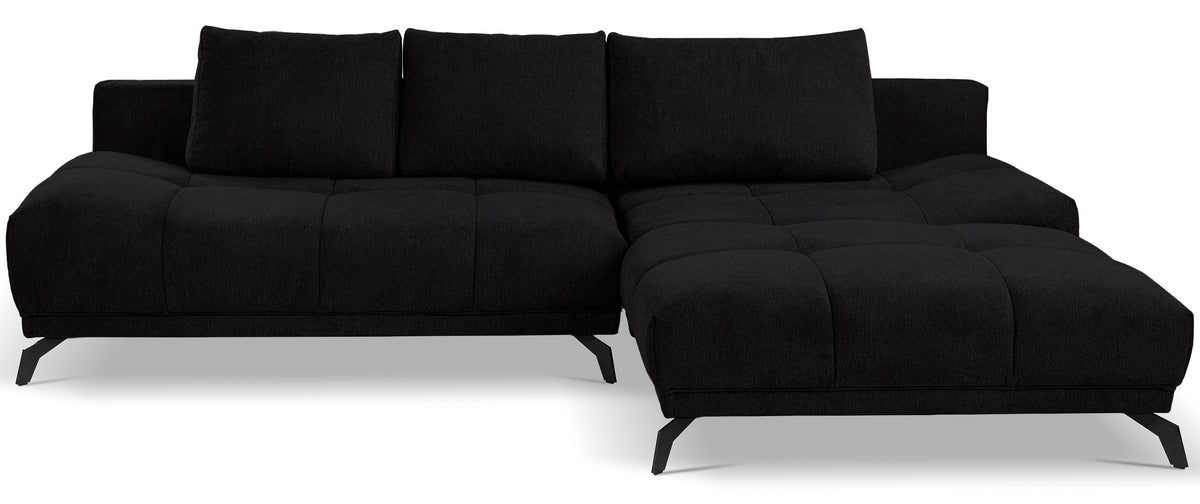 Canapé d'angle droit Felipe avec fonction couchage et coffre, tissu chenille hydrofuge noir