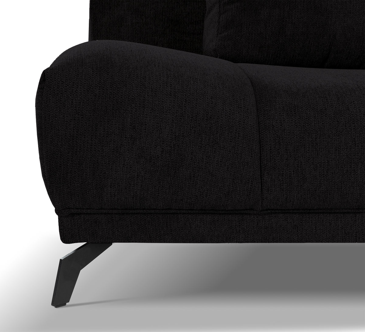 Canapé d'angle droit Felipe avec fonction couchage et coffre, tissu chenille hydrofuge noir