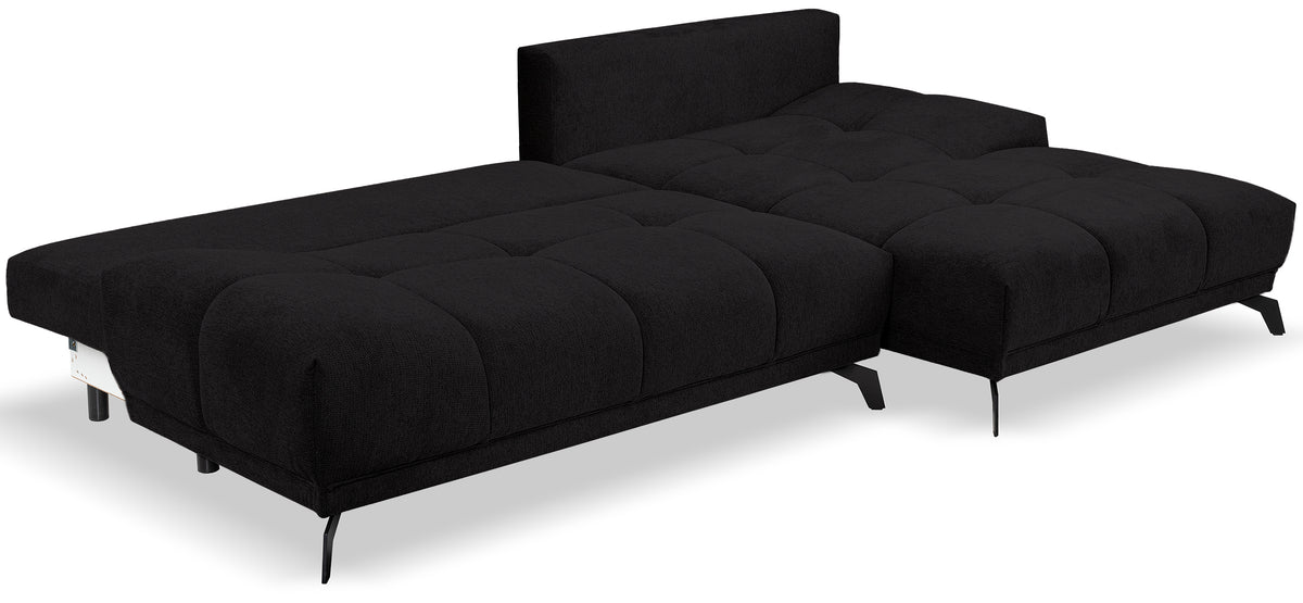 Canapé d'angle droit Felipe avec fonction couchage et coffre, tissu chenille hydrofuge noir