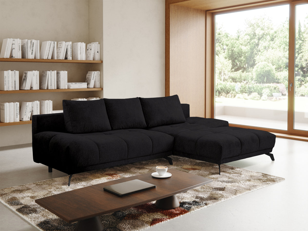 Canapé d'angle droit Felipe avec fonction couchage et coffre, tissu chenille hydrofuge noir