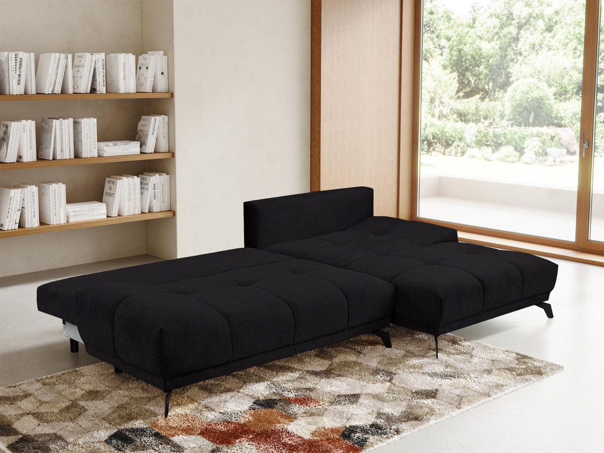 Canapé d'angle droit Felipe avec fonction couchage et coffre, tissu chenille hydrofuge noir