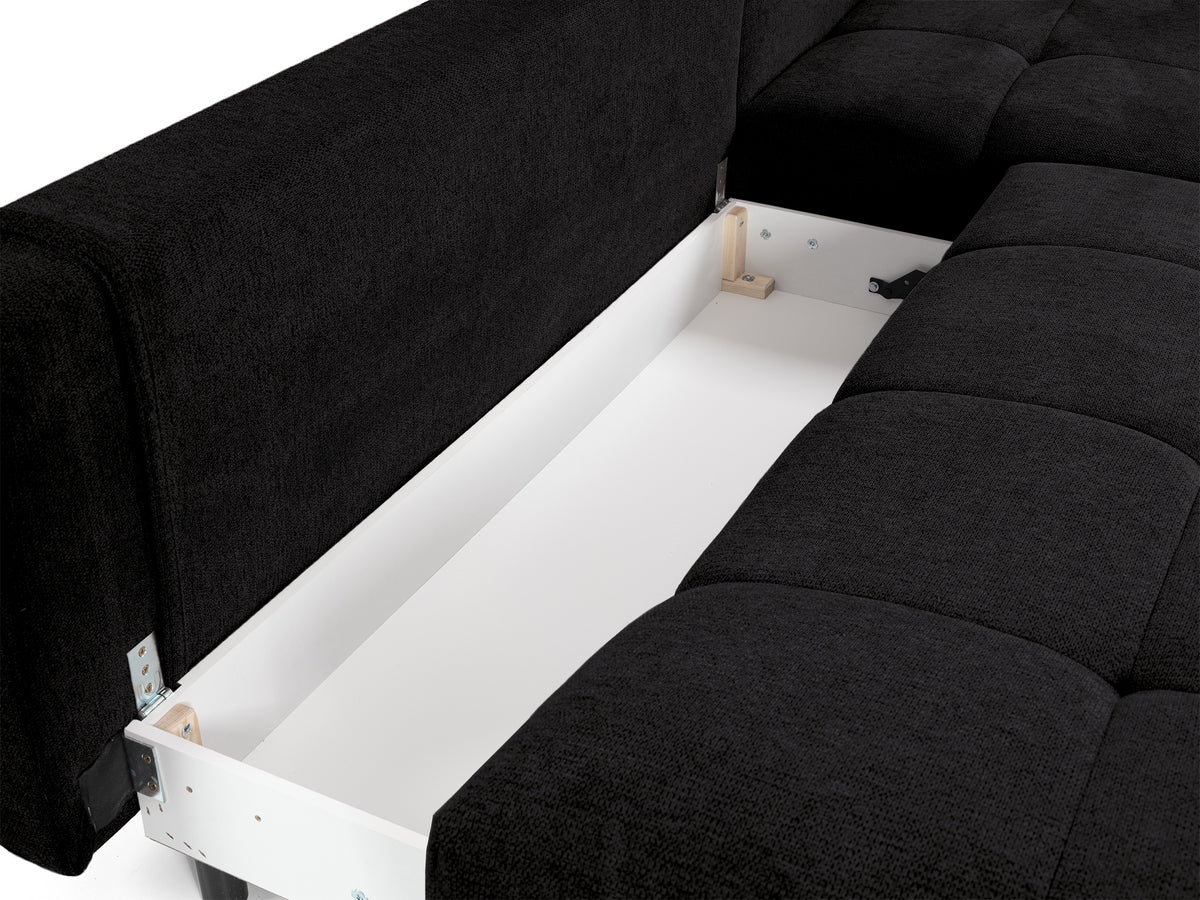 Canapé d'angle droit Felipe avec fonction couchage et coffre, tissu chenille hydrofuge noir