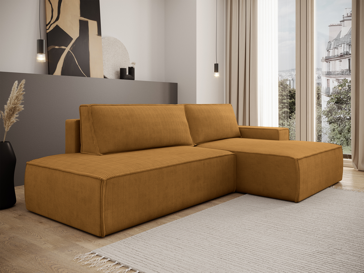Canapé d'angle droit convertible Felicjo en velours côtelé moutarde avec rangement
