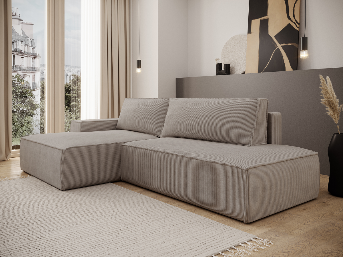Canapé d'angle avec fonction couchage Felicjo en L, côté gauche, avec rangement, velours côtelé beige