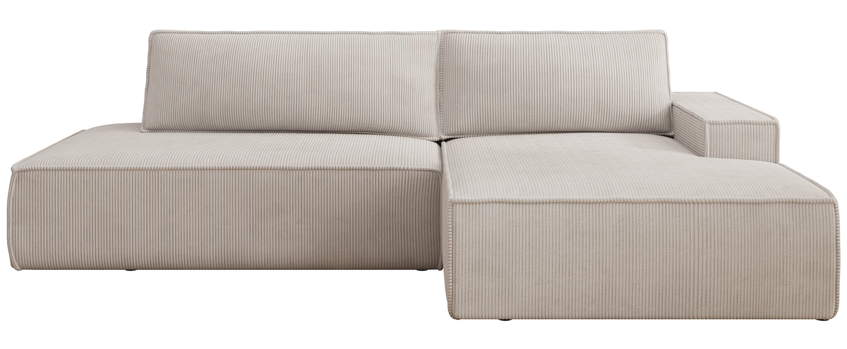 Canapé d'angle droit Felicjo avec fonction couchage et coffre de rangement, velours côtelé gris beige
