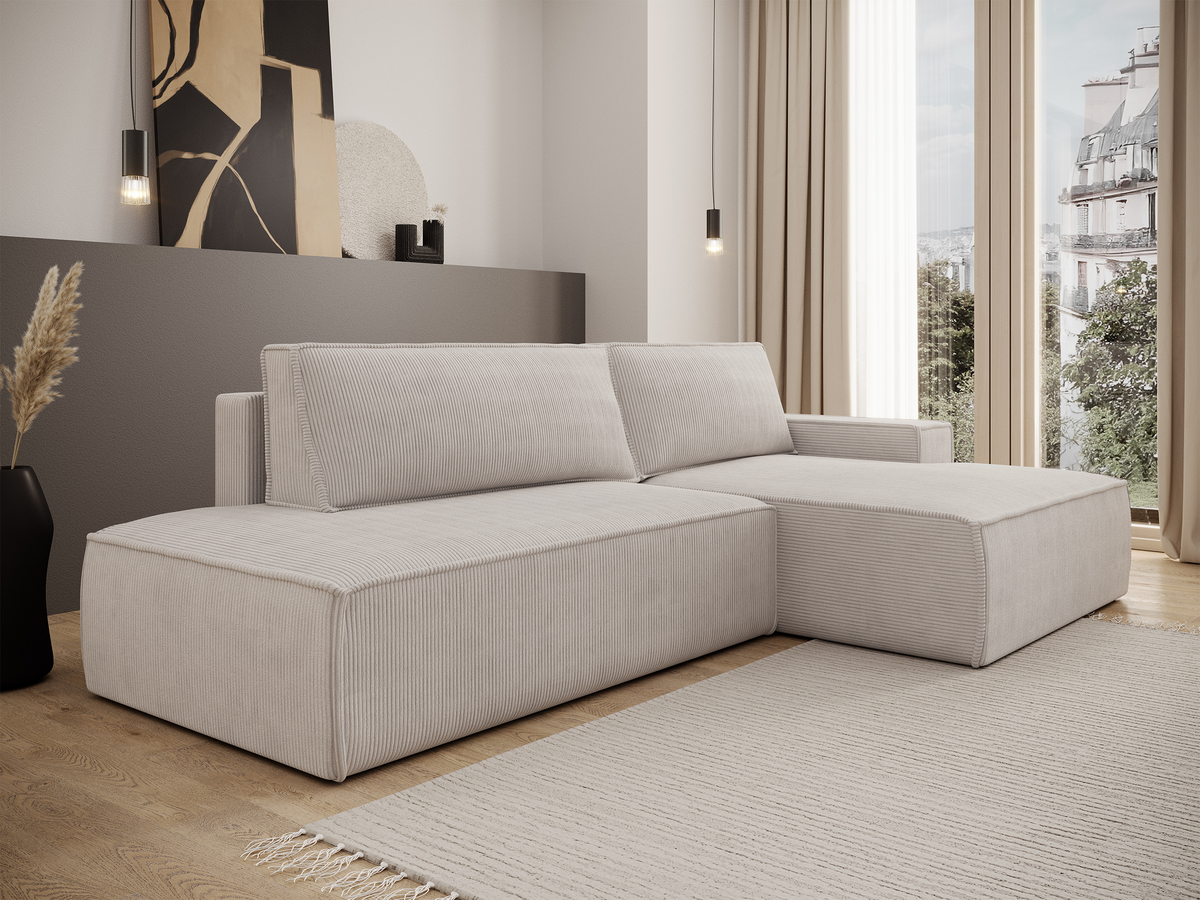 Canapé d'angle droit Felicjo avec fonction couchage et coffre de rangement, velours côtelé gris beige