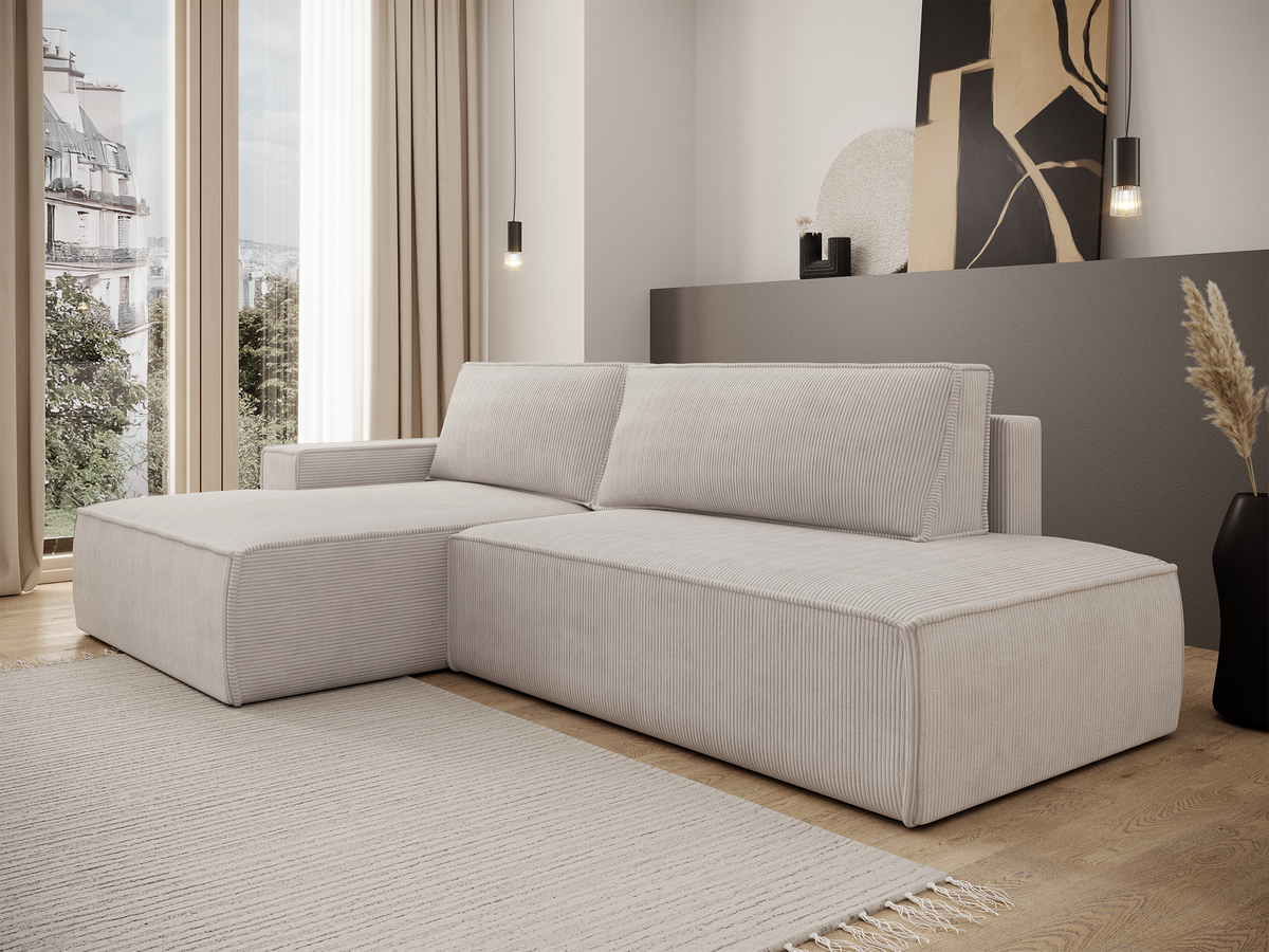 Canapé d'angle avec fonction couchage Felicjo en L, côté gauche, avec coffre de rangement, velours côtelé gris-beige