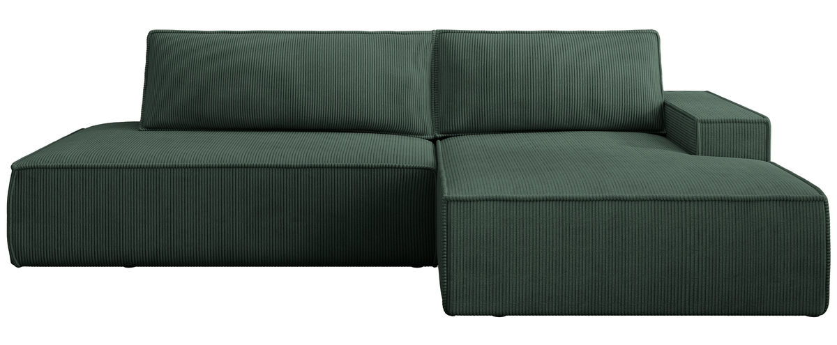 Canapé d'angle droit Felicjo L avec fonction couchage et coffre, velours côtelé vert foncé