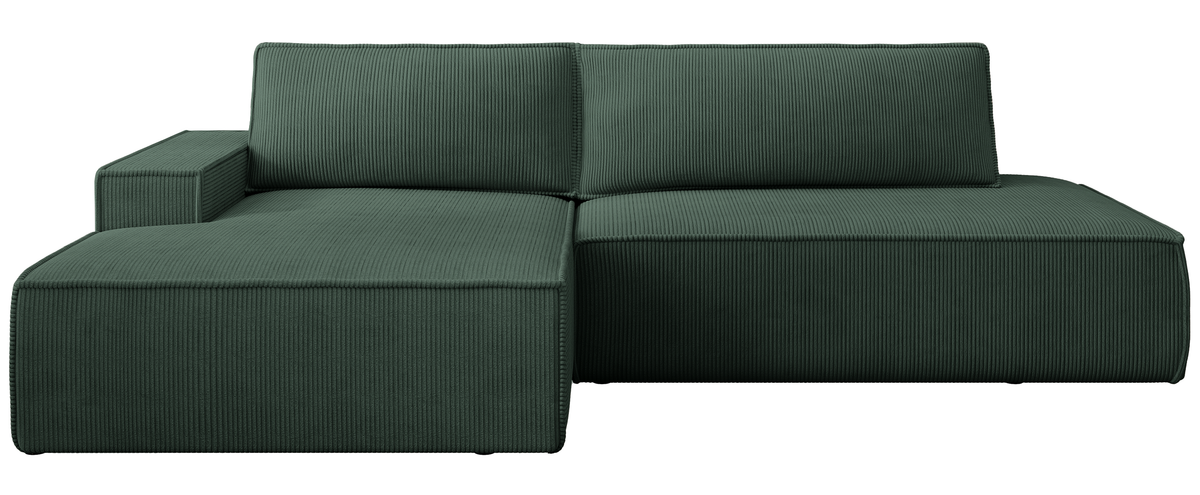Canapé d'angle avec fonction couchage Felicjo en L, côté gauche, avec coffre, velours côtelé vert foncé