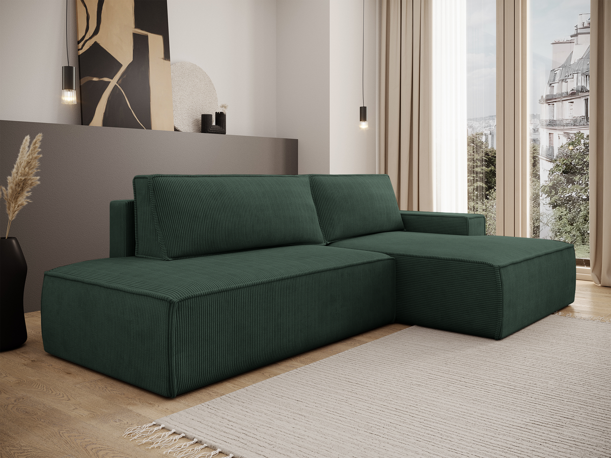 Canapé d'angle droit Felicjo L avec fonction couchage et coffre, velours côtelé vert foncé
