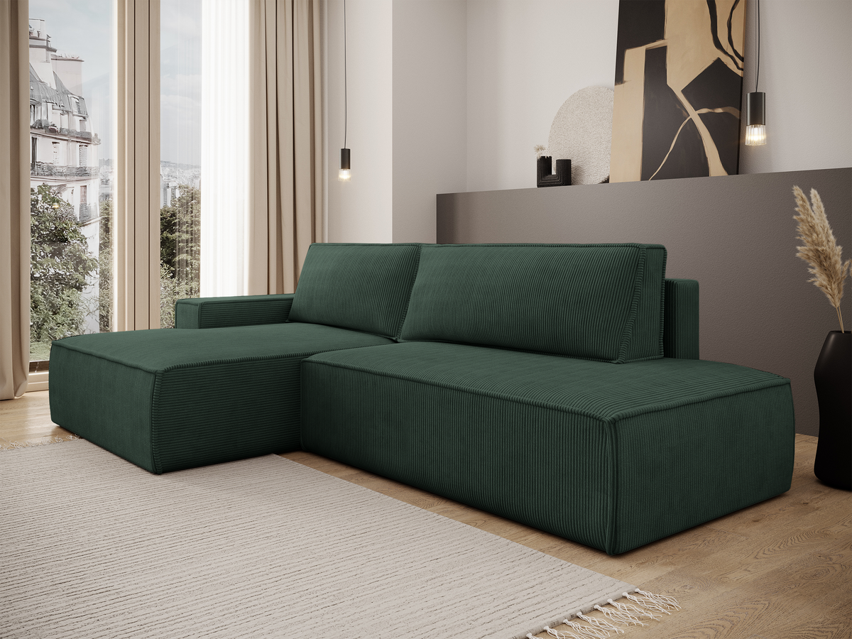 Canapé d'angle avec fonction couchage Felicjo en L, côté gauche, avec coffre, velours côtelé vert foncé