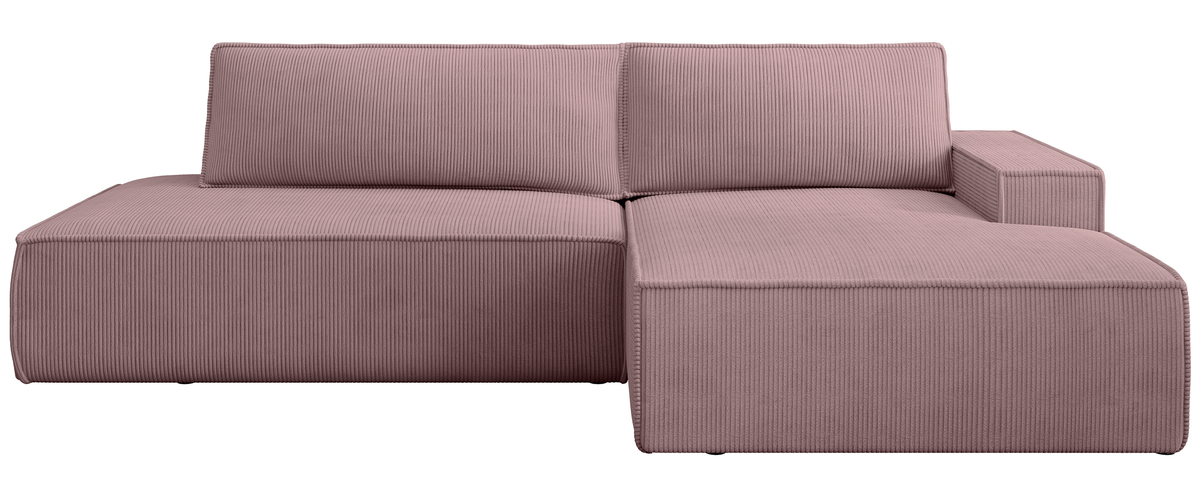 Canapé d'angle avec fonction couchage Felicjo en L, côté droit, avec coffre de rangement, velours côtelé lilas