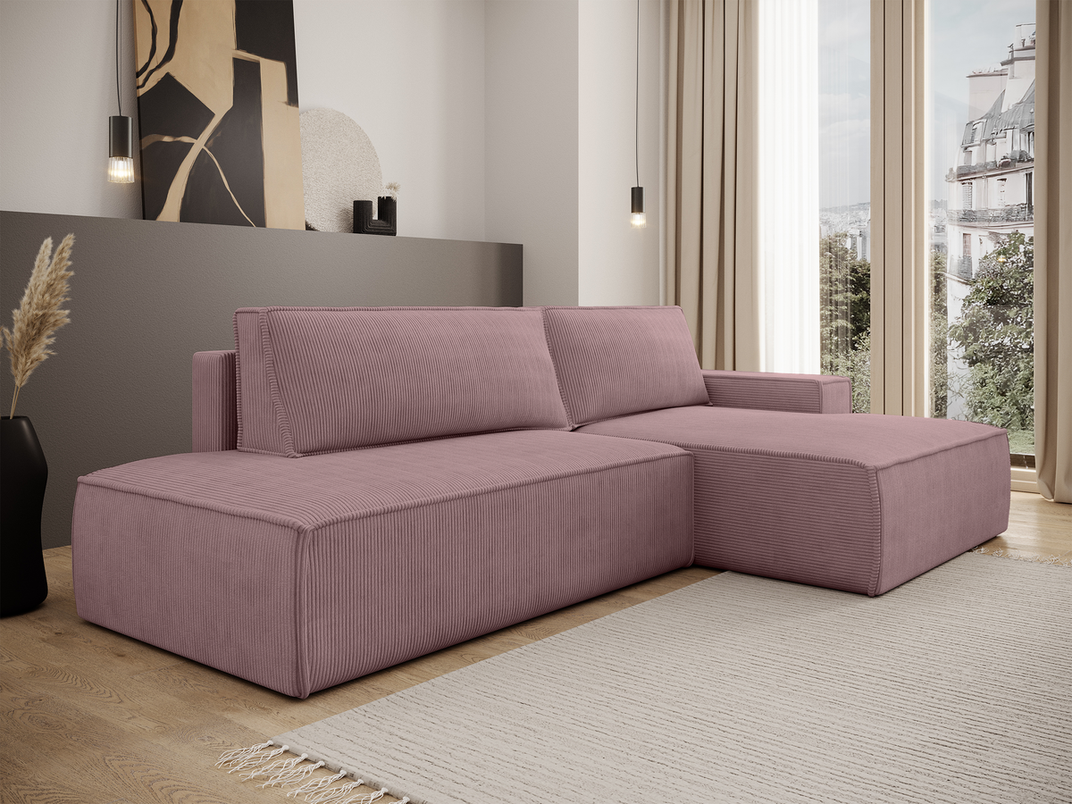Canapé d'angle avec fonction couchage Felicjo en L, côté droit, avec coffre de rangement, velours côtelé lilas