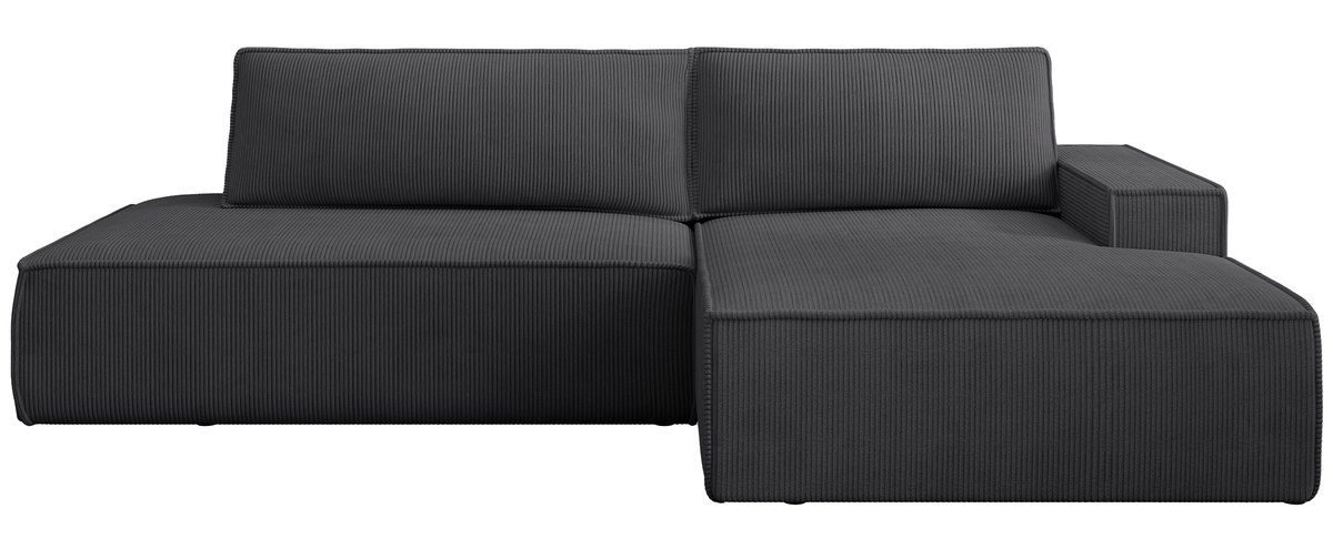 Canapé d'angle avec fonction couchage Felicjo en L, version droite, avec coffre, velours côtelé gris foncé