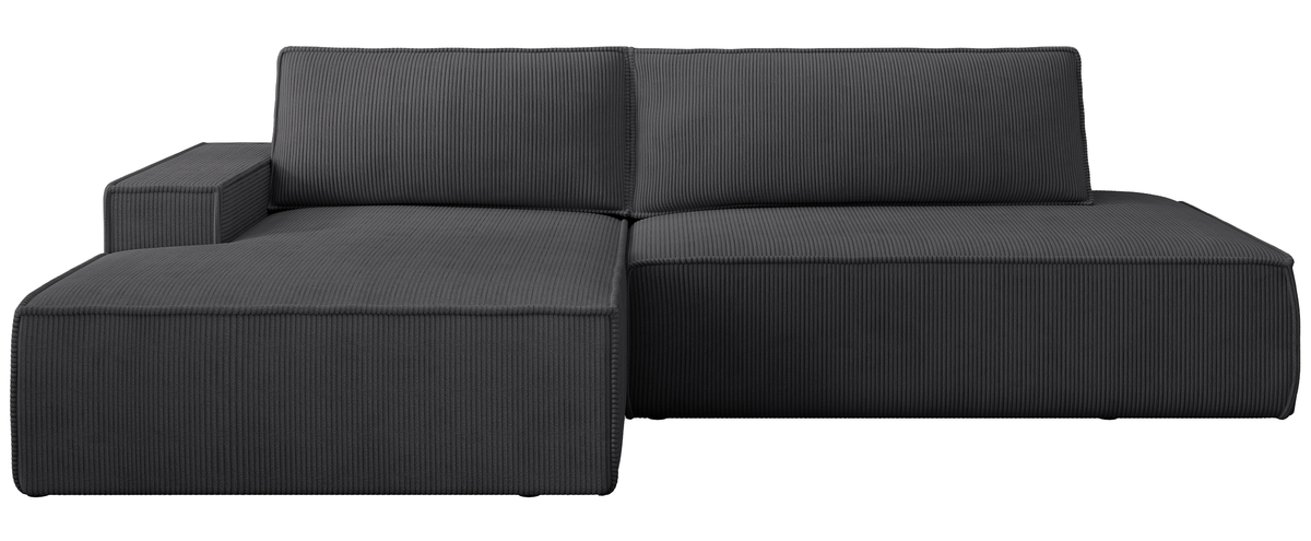 Canapé d'angle avec fonction couchage Felicjo en L, côté gauche, avec coffre, velours côtelé gris foncé