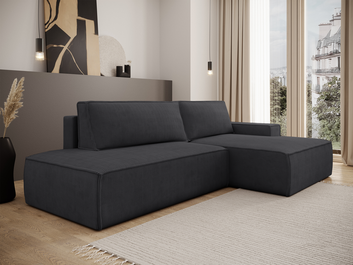 Canapé d'angle avec fonction couchage Felicjo en L, version droite, avec coffre, velours côtelé gris foncé