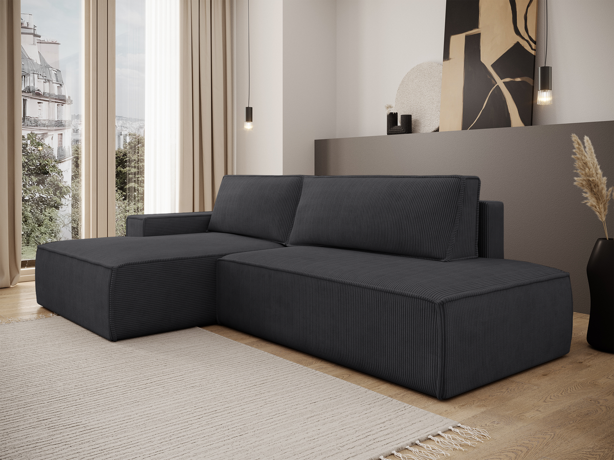 Canapé d'angle avec fonction couchage Felicjo en L, côté gauche, avec coffre, velours côtelé gris foncé