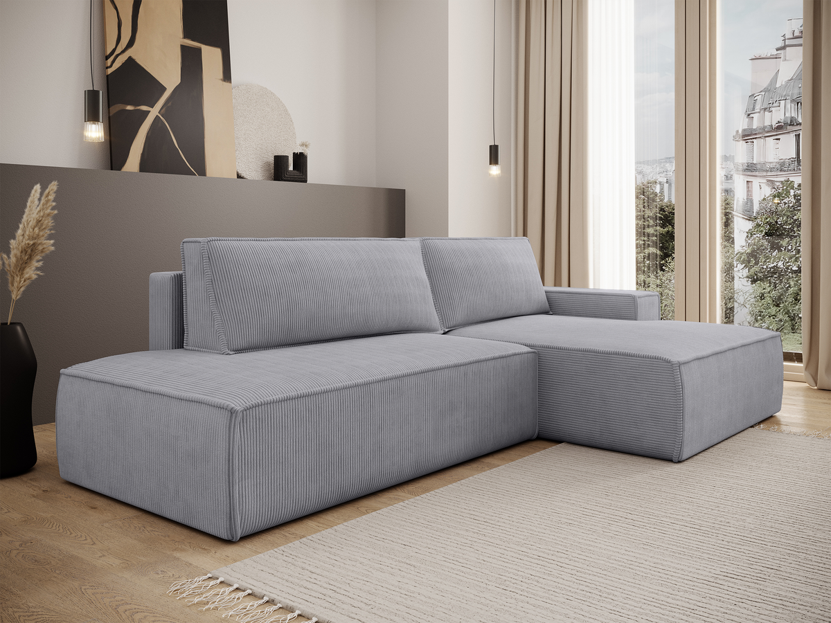Ecksofa mit Schlafunktion Felicjo, L-förmig, rechtsseitig, mit Stauraum, hellgrauer Cordstoff