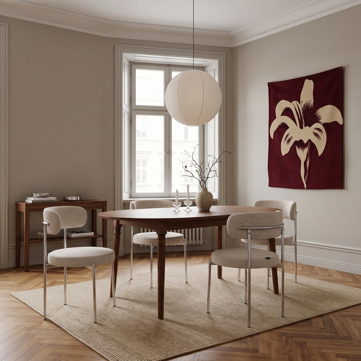 Chaise tapissée Femiss crème en bouclé sur pieds chromés