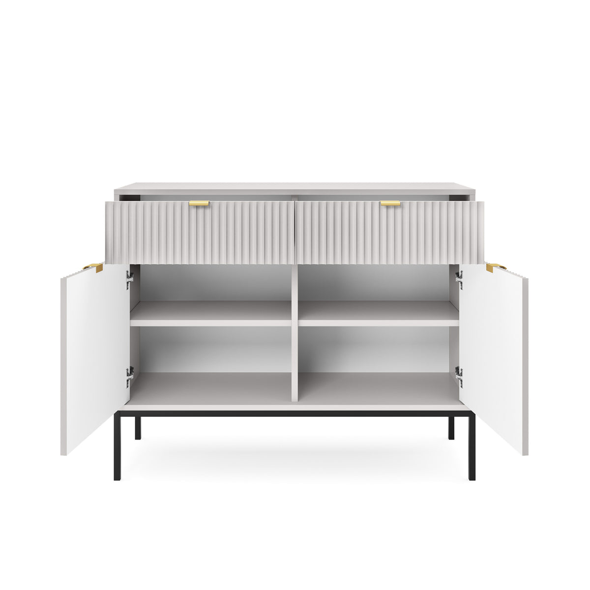 Commode 2 portes Vellore 104 cm grise avec façades rainurées et poignées dorées