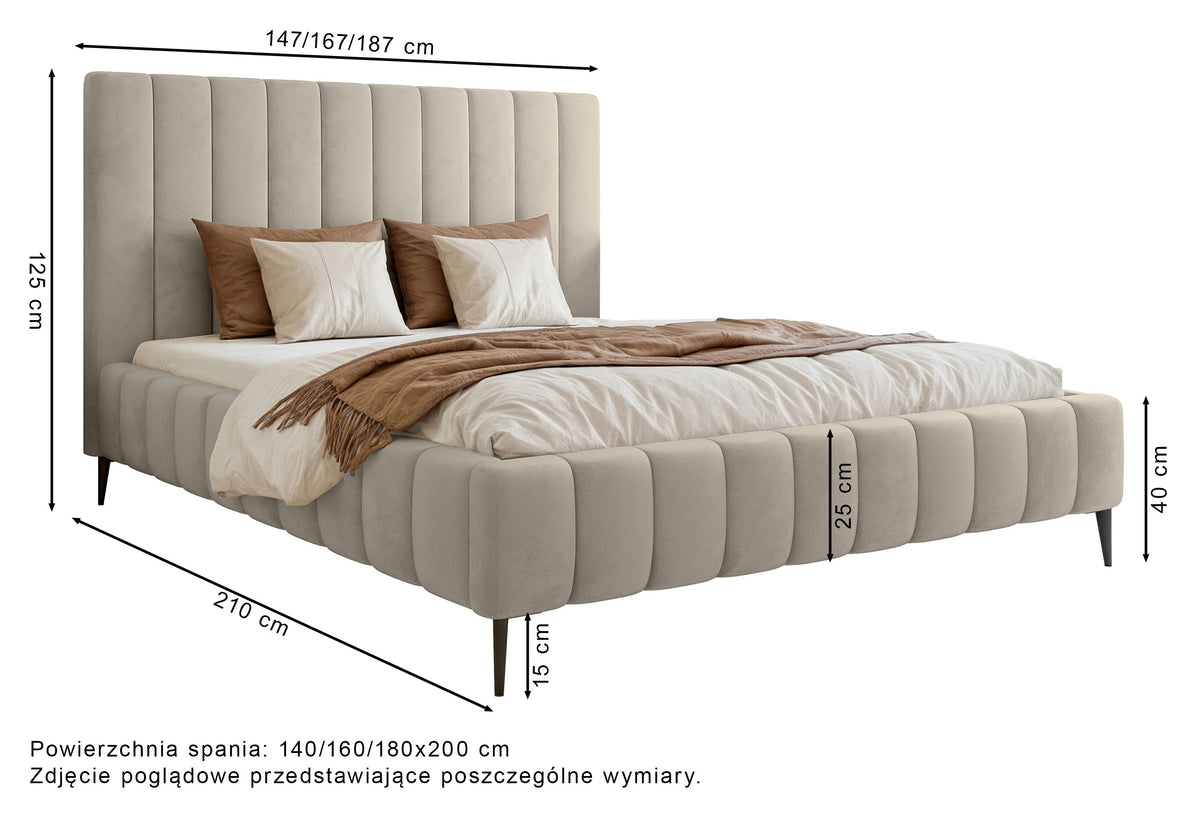 Polsterbett 160x200 cm Fiarro mit Bettkasten, hellbeiger Samt, Metallrahmen auf hohen Beinen