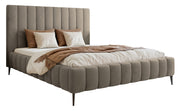 Lit tapissé 180x200 cm Fiarro avec rangement pour la literie, velours gris-beige, cadre métallique sur pieds hauts