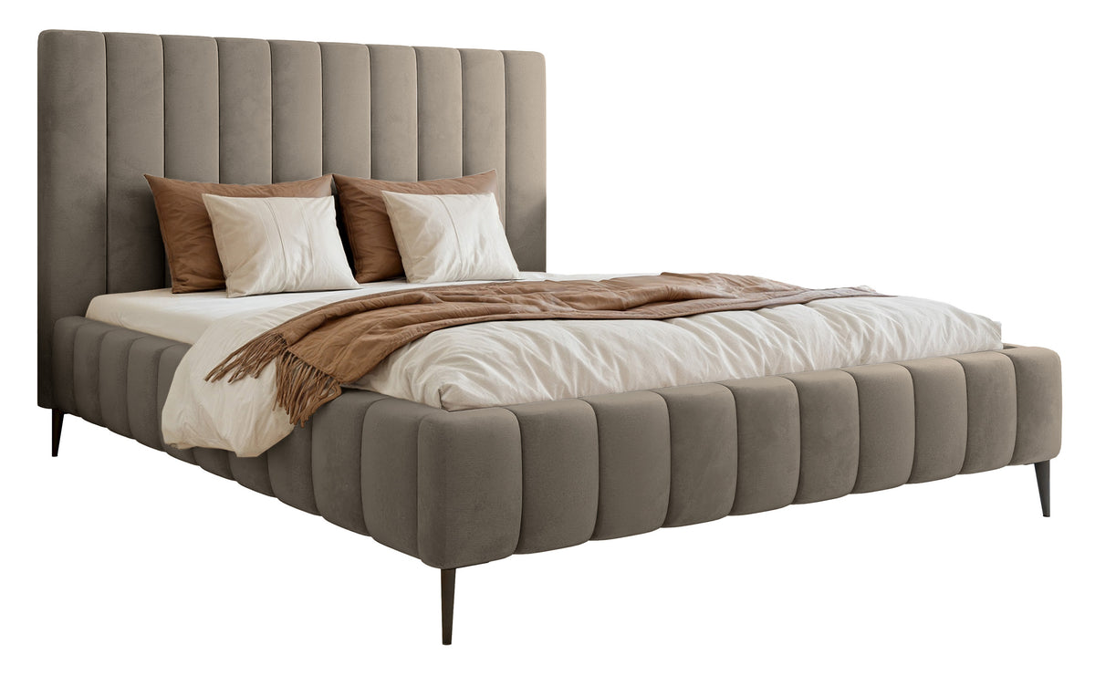 Lit tapissé 160x200 cm Fiarro avec rangement pour la literie, velours gris-beige, cadre métallique sur pieds hauts
