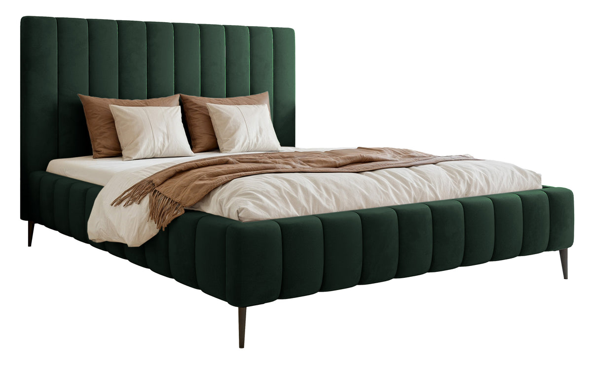 Lit tapissé 160x200 cm Fiarro avec rangement pour la literie, velours vert foncé, cadre métallique sur pieds hauts