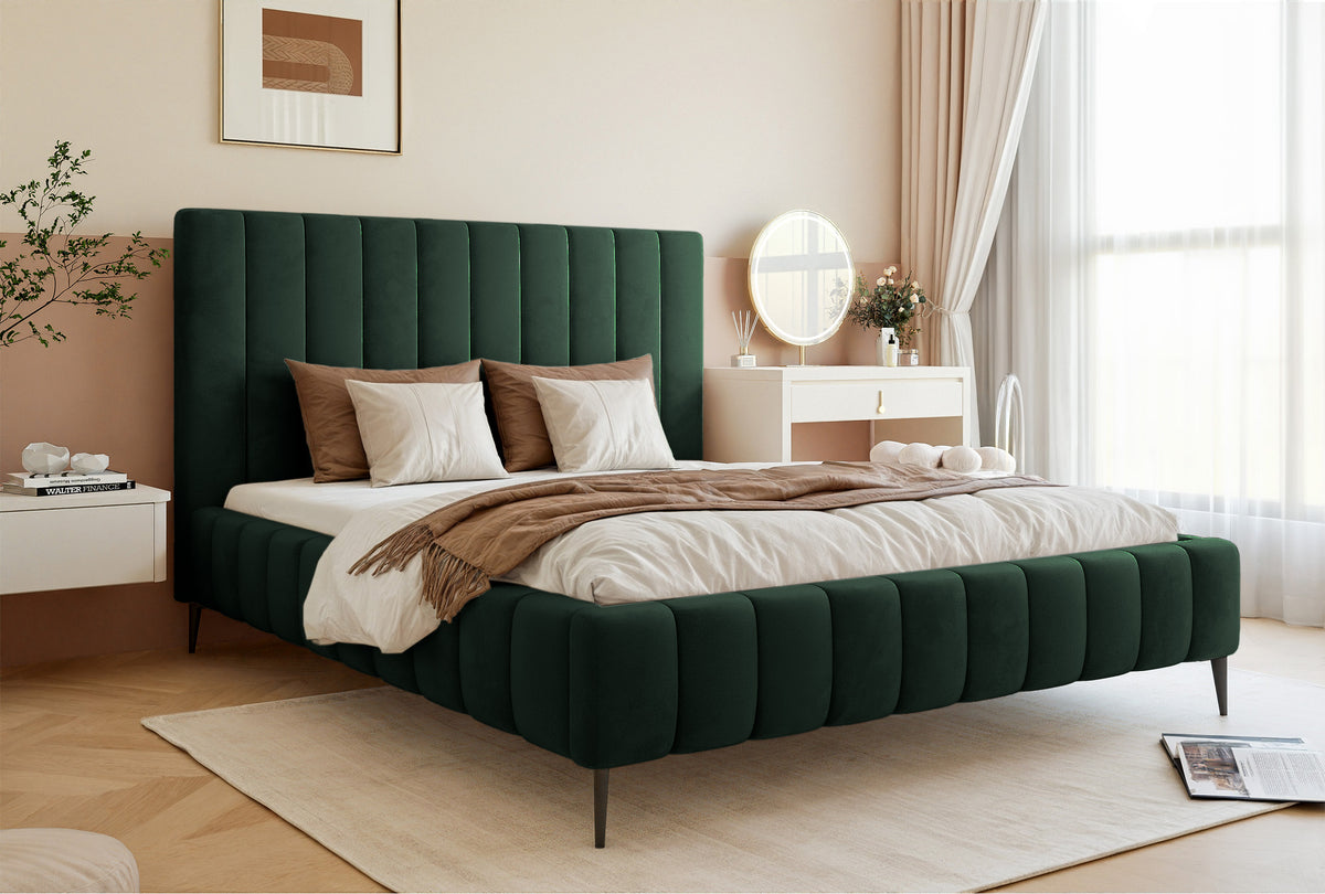 Lit tapissé 160x200 cm Fiarro avec rangement pour la literie, velours vert foncé, cadre métallique sur pieds hauts