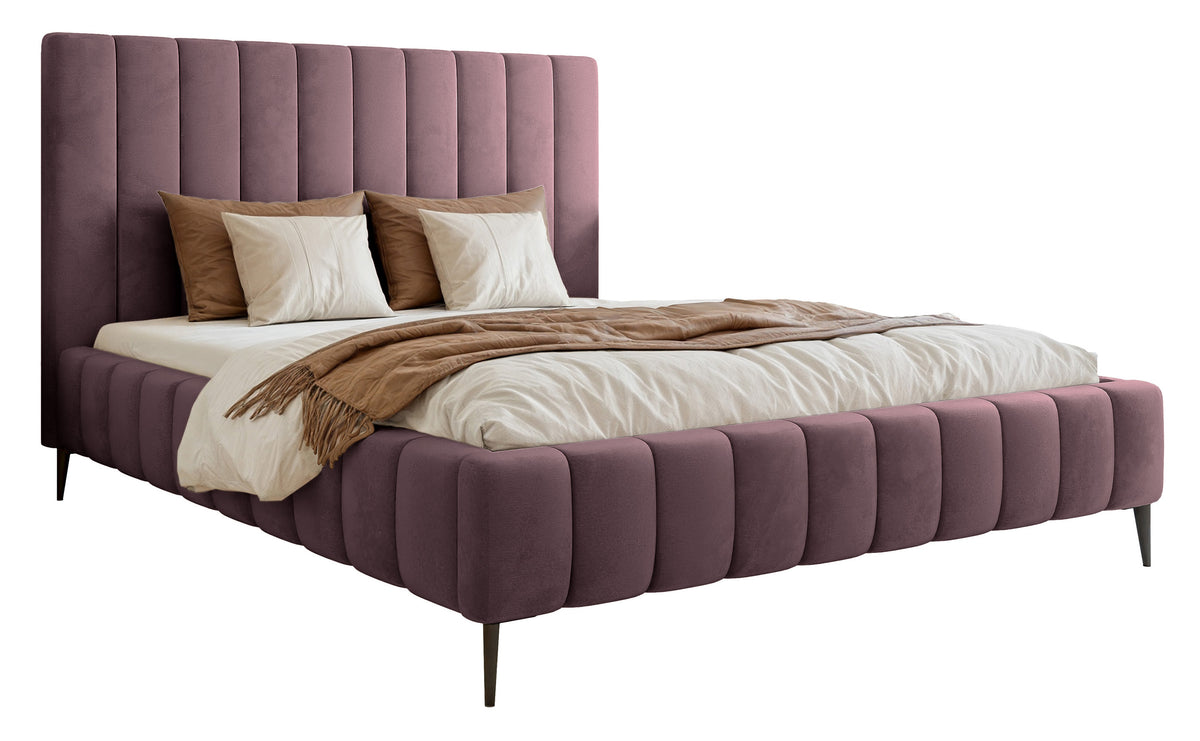 Lit tapissé 160x200 cm Fiarro avec rangement pour la literie, velours violet, cadre métallique sur pieds hauts