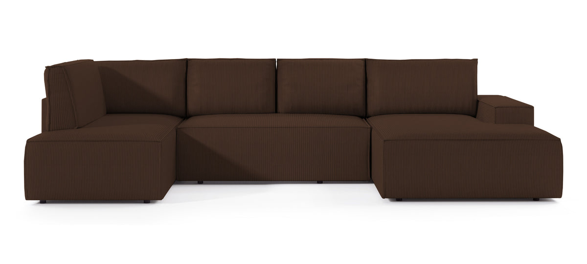 Canapé d'angle avec fonction couchage Farese New en U, coffre de rangement, droit, velours côtelé marron