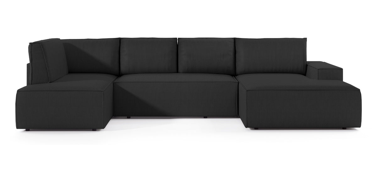 Canapé d'angle avec fonction couchage Farese New en U, coffre de rangement, droit, velours côtelé noir