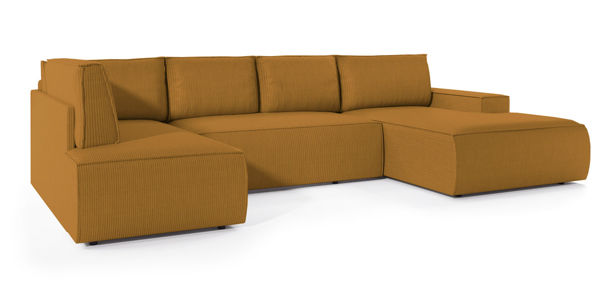 Canapé d'angle avec fonction couchage Farese New en U, avec coffre de rangement, droit, velours côtelé moutarde