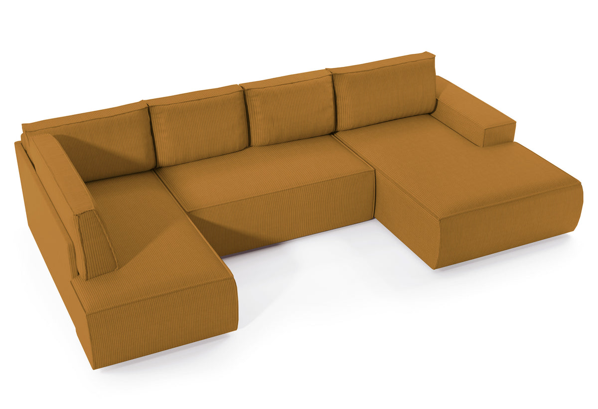 Canapé d'angle avec fonction couchage Farese New en U, avec coffre de rangement, droit, velours côtelé moutarde