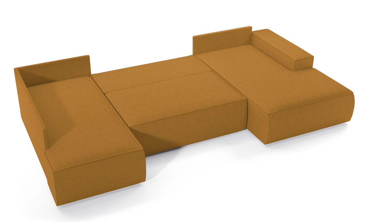 Canapé d'angle avec fonction couchage Farese New en U, avec coffre de rangement, droit, velours côtelé moutarde