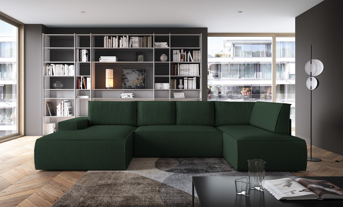 Canapé d'angle avec fonction couchage Farese New en U avec rangement, côté gauche, velours côtelé vert