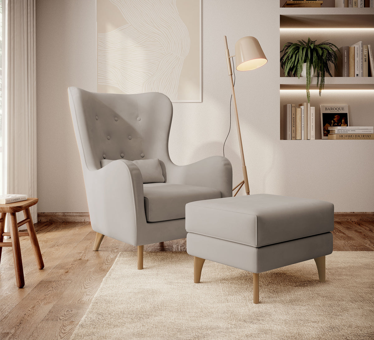 Relaxsessel "Uszak" Calmino hellbeige aus hydrophobem Veloursstoff mit Buchenholzbeinen