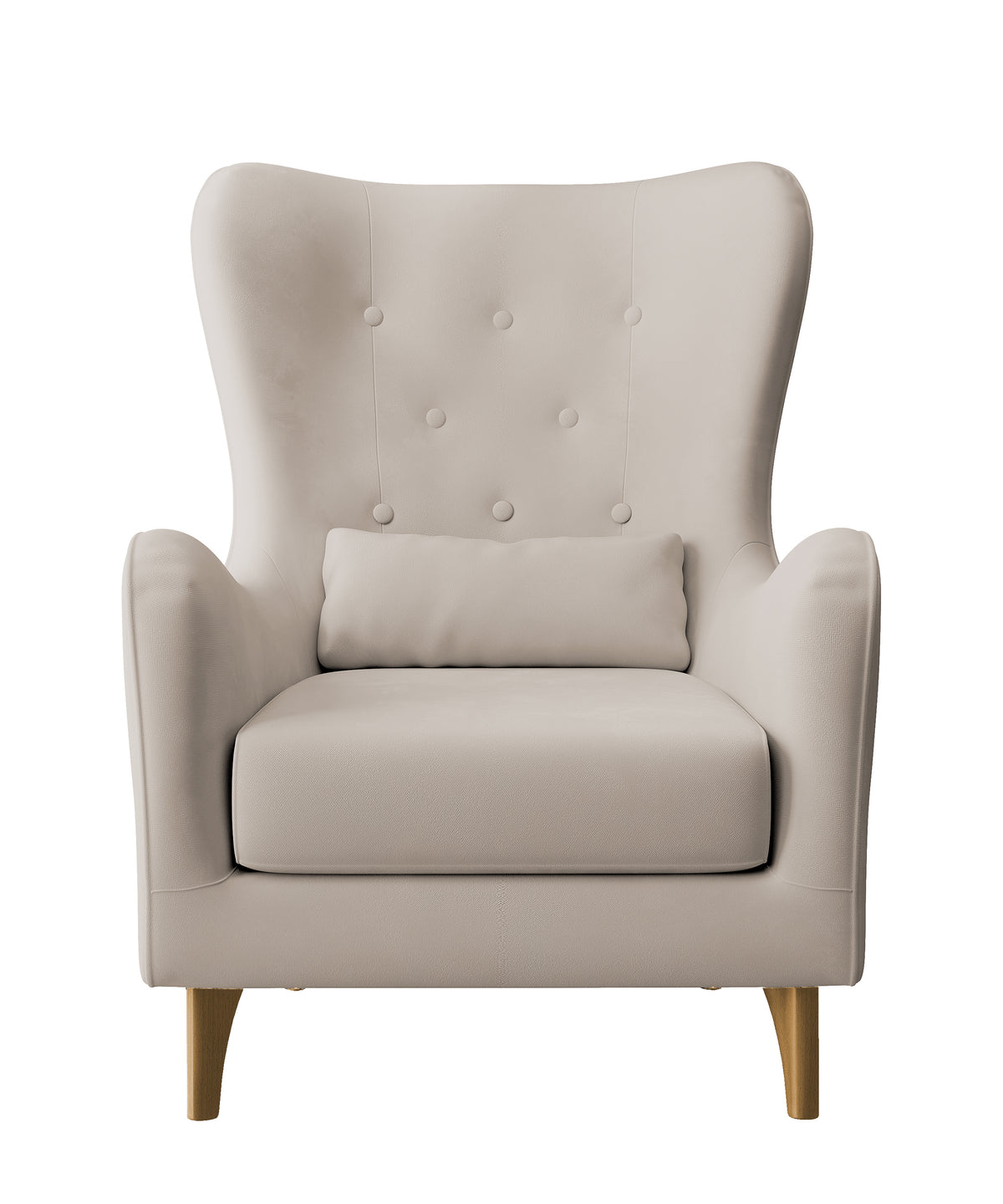 Relaxsessel "Uszak" Calmino hellbeige aus hydrophobem Veloursstoff mit Buchenholzbeinen