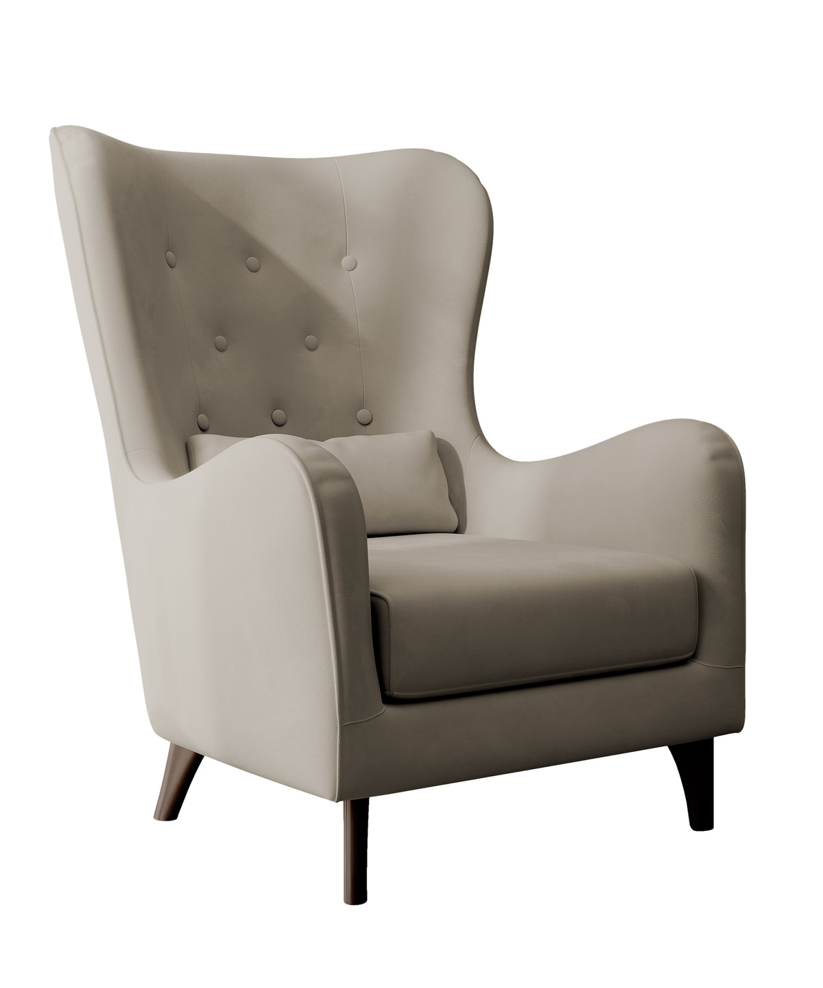 Fauteuil relax oreilles Calmino gris beige en velours hydrofuge, pieds wengé
