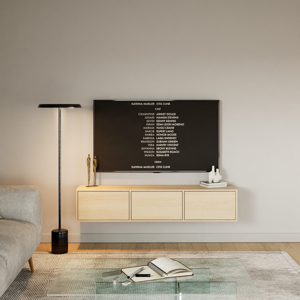 Meuble TV mural Framme avec trois portes rabattables 150 cm chêne Lindberg