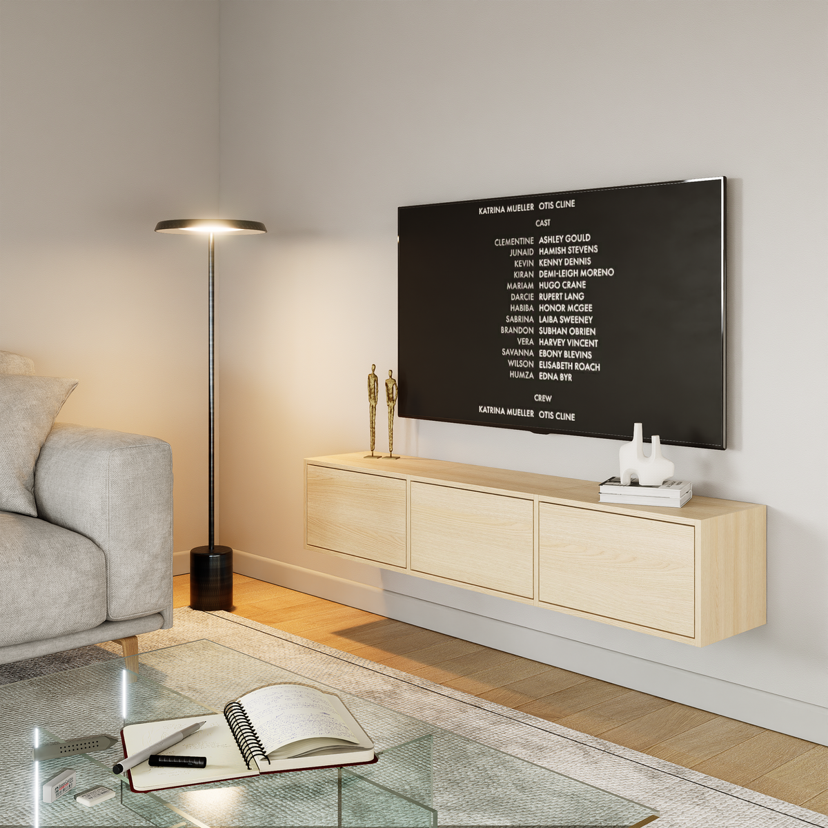 Meuble TV mural Framme avec trois portes rabattables 150 cm chêne Lindberg
