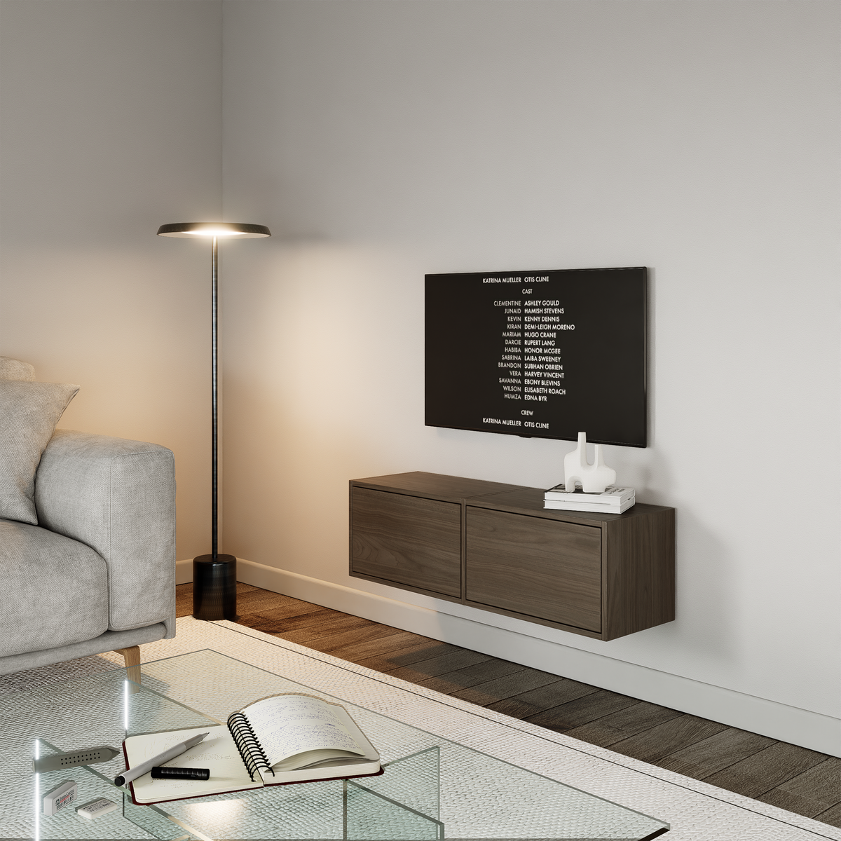 Meuble TV suspendu Framme avec deux abattants 100 cm noyer Wisconsin