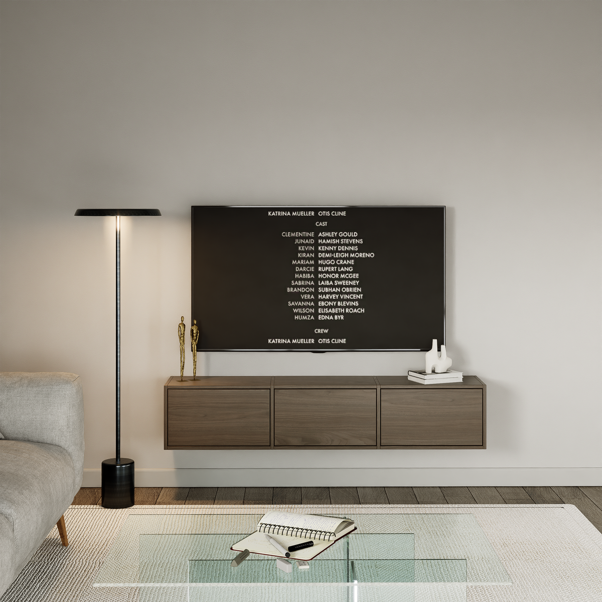Meuble TV Framme suspendu avec trois portes abattantes 150 cm noyer Wisconsin